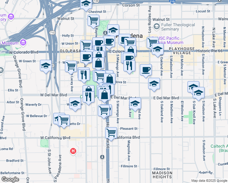 map of restaurants, bars, coffee shops, grocery stores, and more near 275 South Marengo Avenue in Pasadena