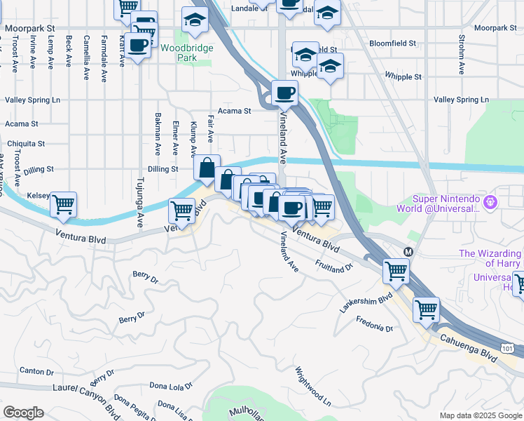map of restaurants, bars, coffee shops, grocery stores, and more near 4040 Arch Drive in Los Angeles