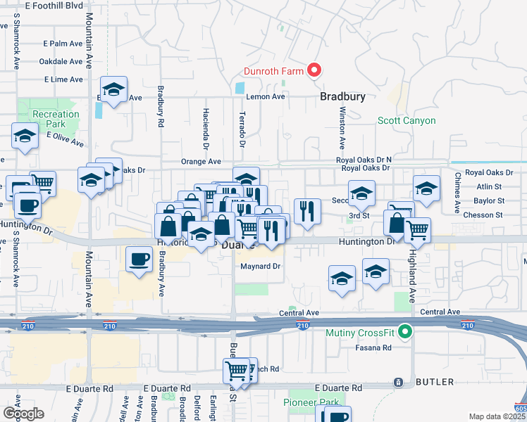 map of restaurants, bars, coffee shops, grocery stores, and more near 1367 3rd Street in Duarte