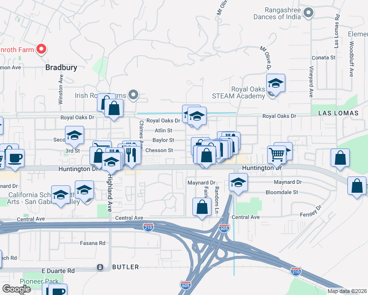 map of restaurants, bars, coffee shops, grocery stores, and more near 2060 Baylor Street in Duarte