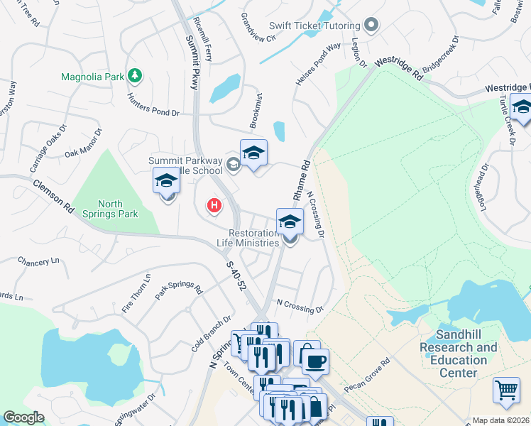 map of restaurants, bars, coffee shops, grocery stores, and more near 400 Summit Square in Columbia