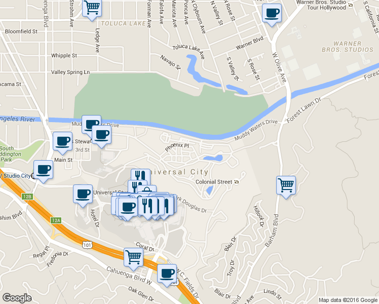 map of restaurants, bars, coffee shops, grocery stores, and more near Hill St in Los Angeles