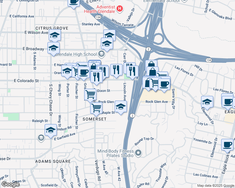 map of restaurants, bars, coffee shops, grocery stores, and more near 1522 Dixon Street in Glendale