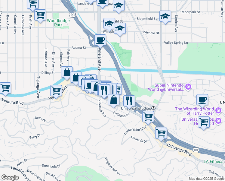 map of restaurants, bars, coffee shops, grocery stores, and more near 10925 Bluffside Drive in Los Angeles