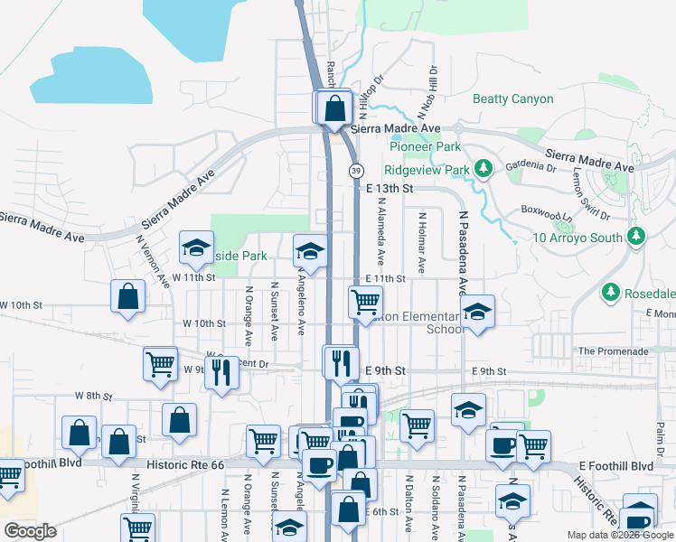 map of restaurants, bars, coffee shops, grocery stores, and more near 1106 North San Gabriel Avenue in Azusa