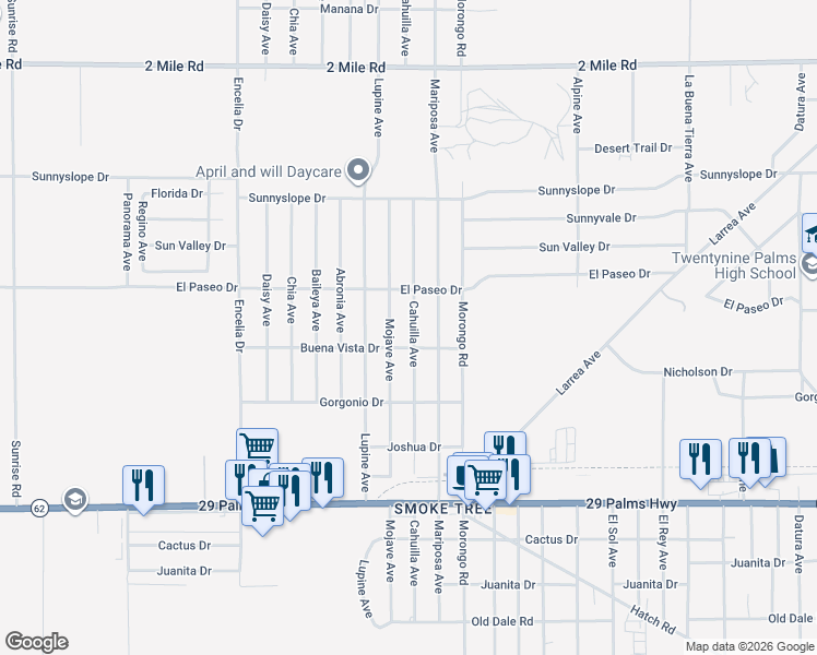 map of restaurants, bars, coffee shops, grocery stores, and more near 6160 Cahuilla Avenue in Twentynine Palms