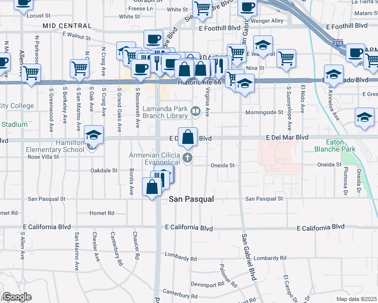 map of restaurants, bars, coffee shops, grocery stores, and more near 287 South Santa Anita Avenue in Pasadena