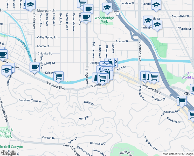 map of restaurants, bars, coffee shops, grocery stores, and more near 11331 Ventura Boulevard in Los Angeles