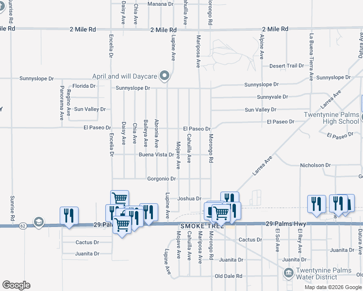 map of restaurants, bars, coffee shops, grocery stores, and more near 6144 Mojave Avenue in Twentynine Palms