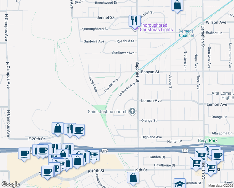 map of restaurants, bars, coffee shops, grocery stores, and more near 6232 Celestite Avenue in Rancho Cucamonga