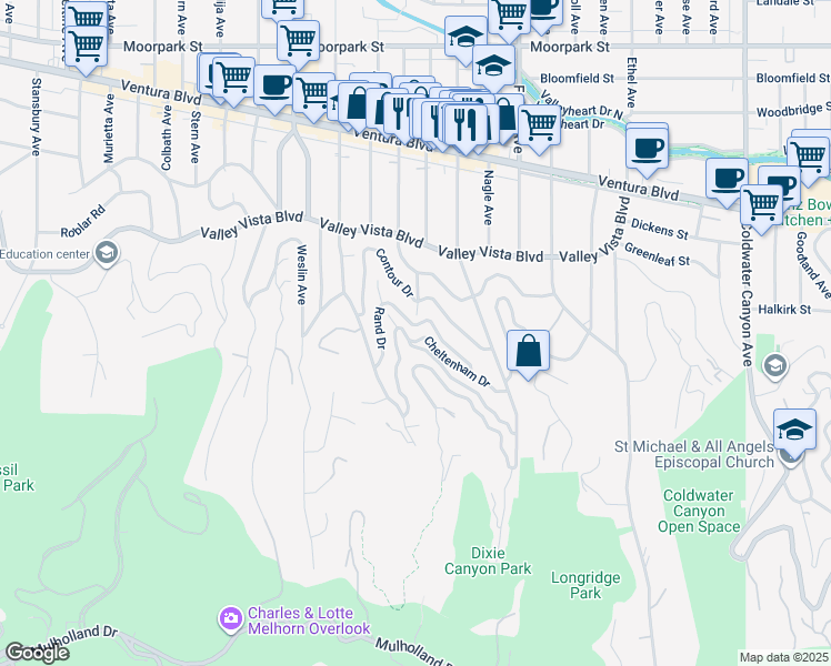 map of restaurants, bars, coffee shops, grocery stores, and more near 13481 Cheltenham Drive in Los Angeles