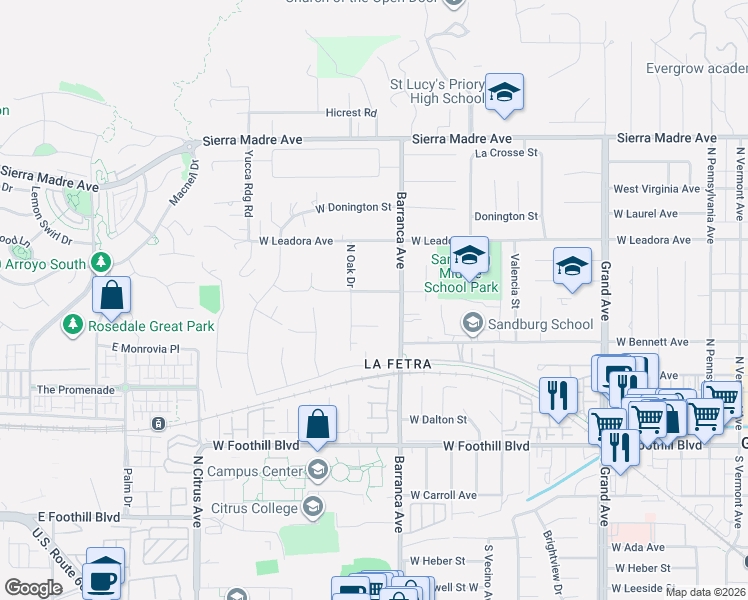 map of restaurants, bars, coffee shops, grocery stores, and more near 918 West Milton Drive in Glendora