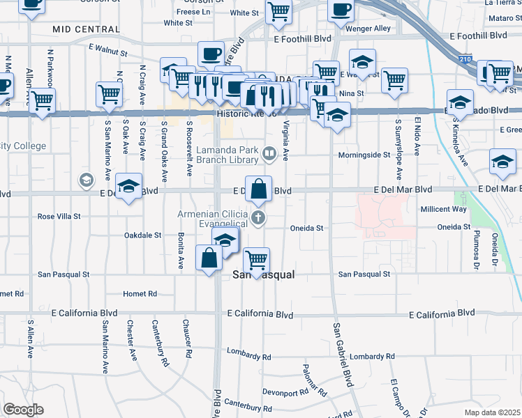 map of restaurants, bars, coffee shops, grocery stores, and more near 287 South Santa Anita Avenue in Pasadena