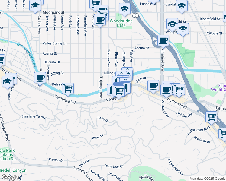 map of restaurants, bars, coffee shops, grocery stores, and more near 11331 Ventura Boulevard in Los Angeles