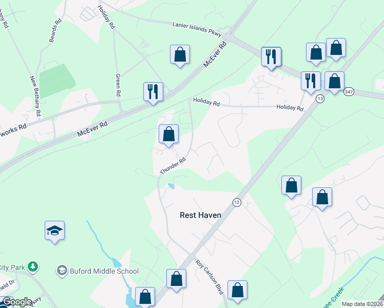 map of restaurants, bars, coffee shops, grocery stores, and more near 404 Apple Wood Court in Buford