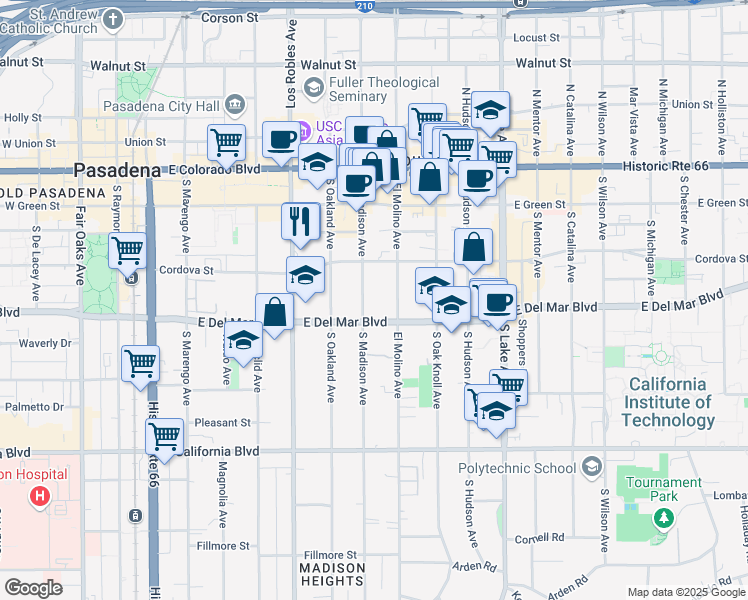 map of restaurants, bars, coffee shops, grocery stores, and more near 266 South Madison Avenue in Pasadena