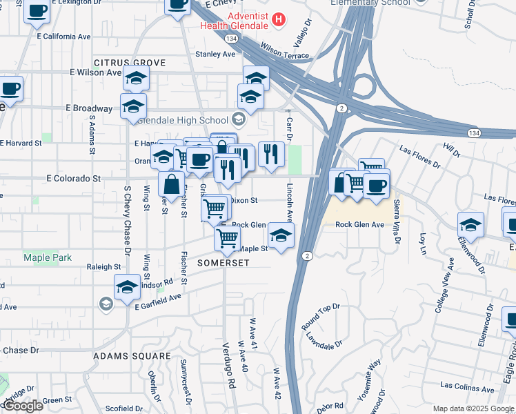 map of restaurants, bars, coffee shops, grocery stores, and more near 1502 Dixon Street in Glendale