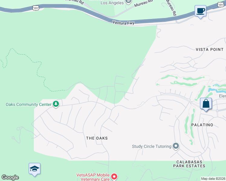 map of restaurants, bars, coffee shops, grocery stores, and more near 4169 Prado De La Puma in Calabasas