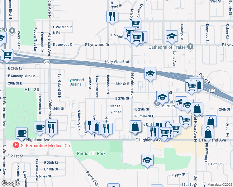map of restaurants, bars, coffee shops, grocery stores, and more near 1111 East Alexander Avenue in San Bernardino