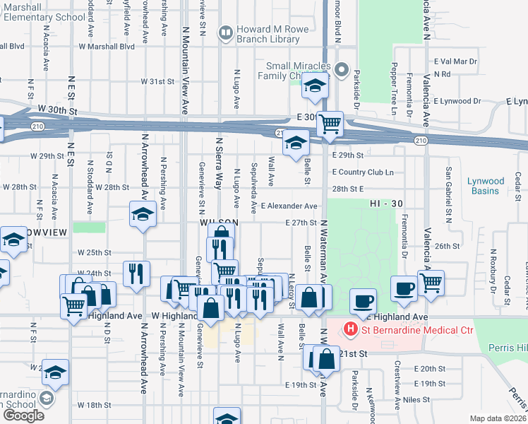 map of restaurants, bars, coffee shops, grocery stores, and more near 197 East Alexander Avenue in San Bernardino