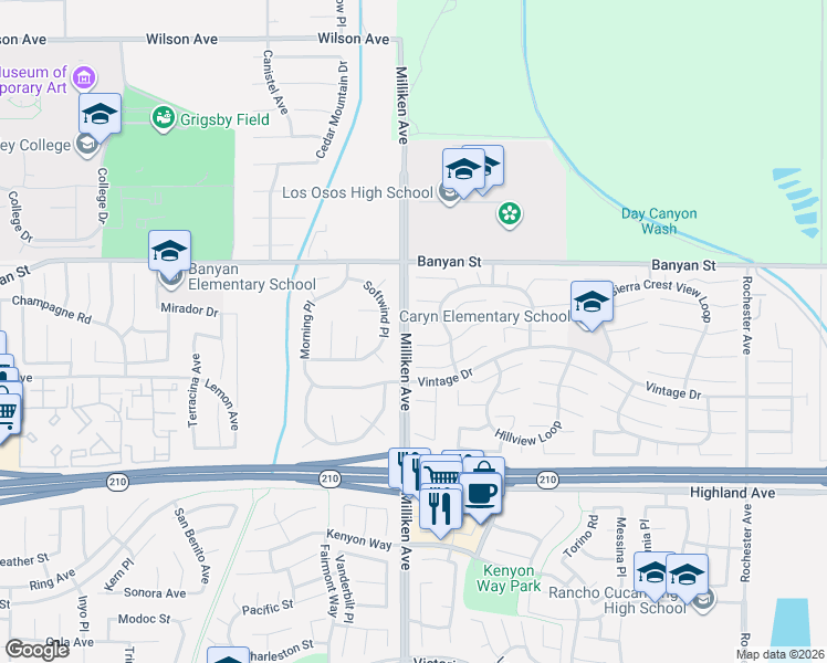 map of restaurants, bars, coffee shops, grocery stores, and more near 11324 Mount Johnson Court in Rancho Cucamonga