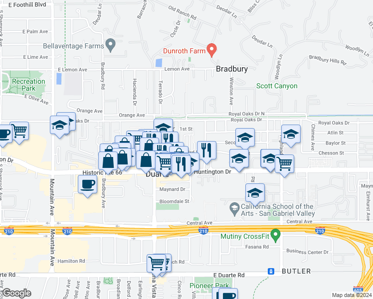 map of restaurants, bars, coffee shops, grocery stores, and more near 1000 Cabrillo Drive in Duarte