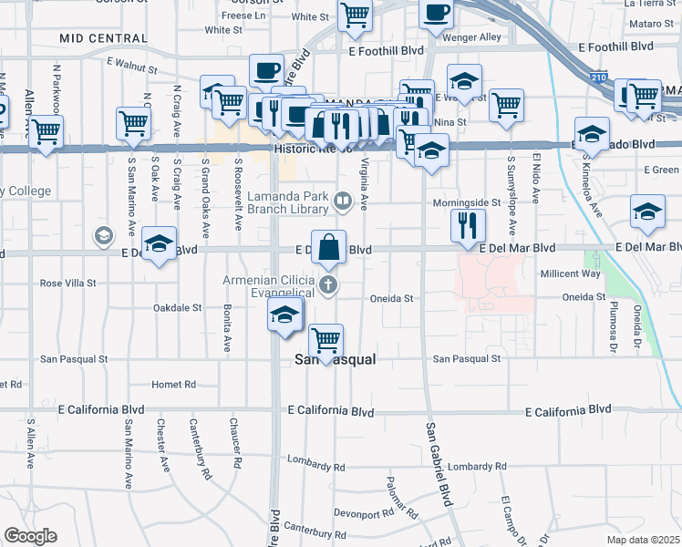 map of restaurants, bars, coffee shops, grocery stores, and more near 265 Virginia Avenue in Pasadena
