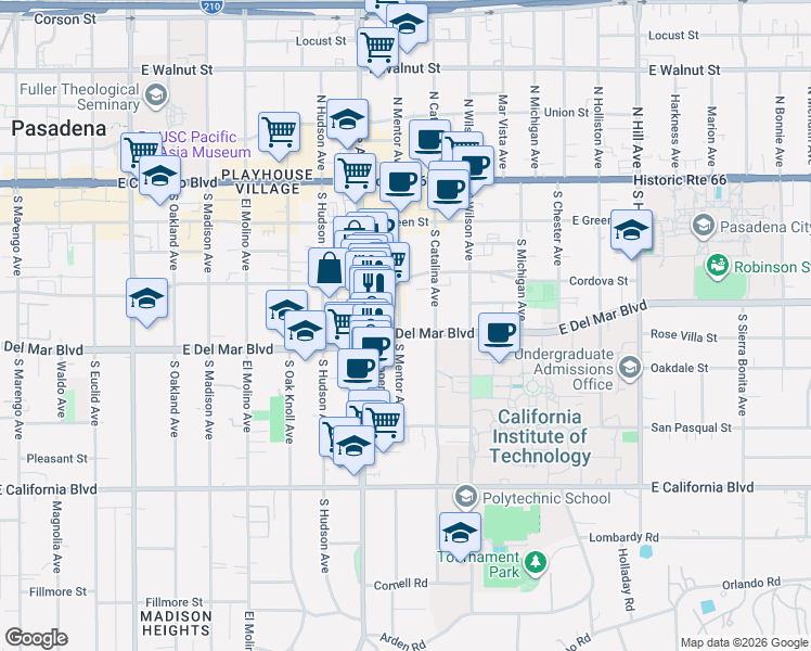 map of restaurants, bars, coffee shops, grocery stores, and more near 256 Shoppers Lane in Pasadena