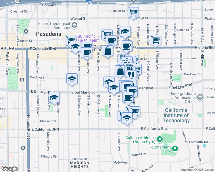 map of restaurants, bars, coffee shops, grocery stores, and more near 255 South Oak Knoll Avenue in Pasadena