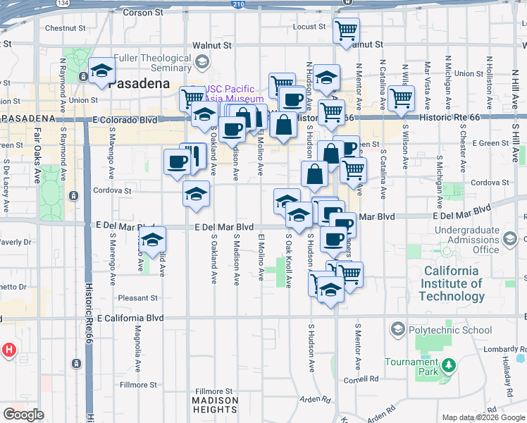 map of restaurants, bars, coffee shops, grocery stores, and more near in Pasadena