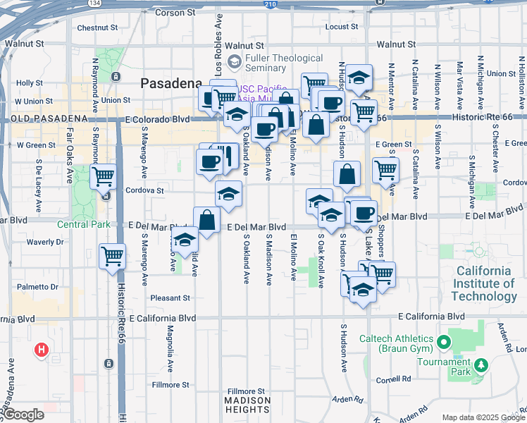 map of restaurants, bars, coffee shops, grocery stores, and more near 255 South Madison Avenue in Pasadena