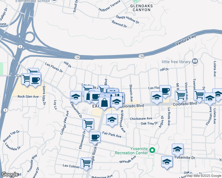 map of restaurants, bars, coffee shops, grocery stores, and more near 5216 North Eagle Rock Boulevard in Los Angeles