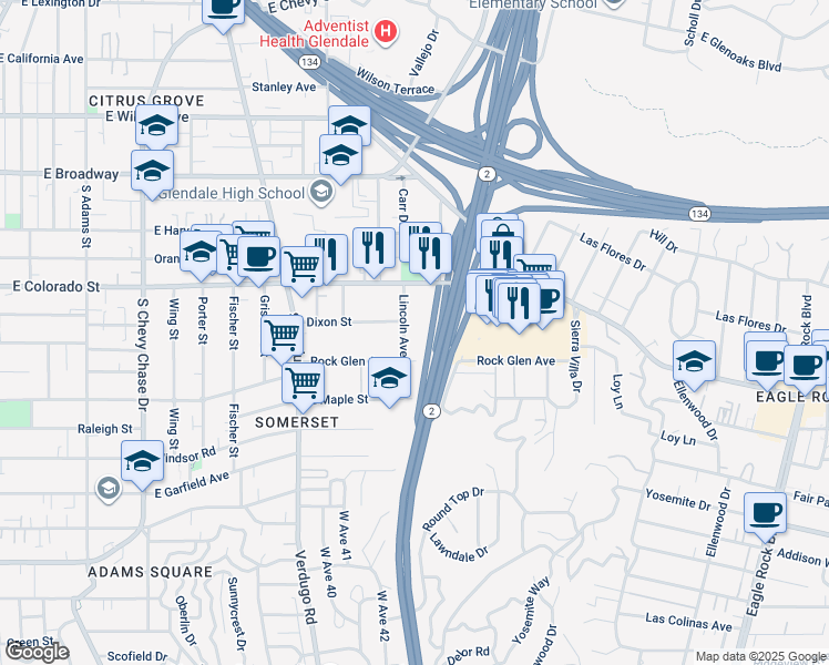 map of restaurants, bars, coffee shops, grocery stores, and more near 404 Lincoln Avenue in Glendale