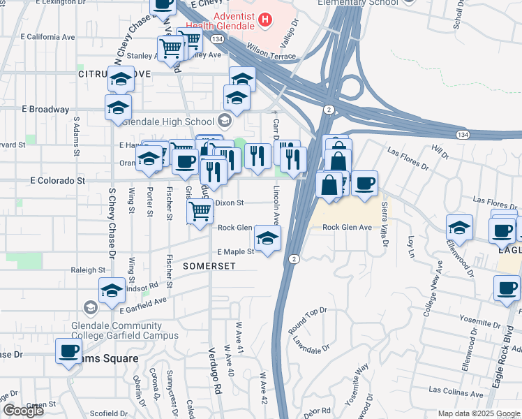 map of restaurants, bars, coffee shops, grocery stores, and more near 4 Dixon Street in Glendale