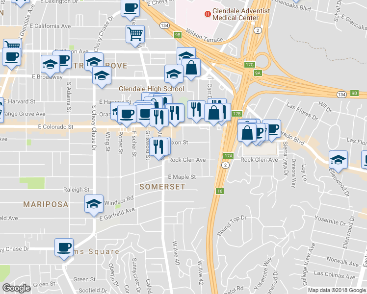 map of restaurants, bars, coffee shops, grocery stores, and more near 1502 Dixon Street in Glendale