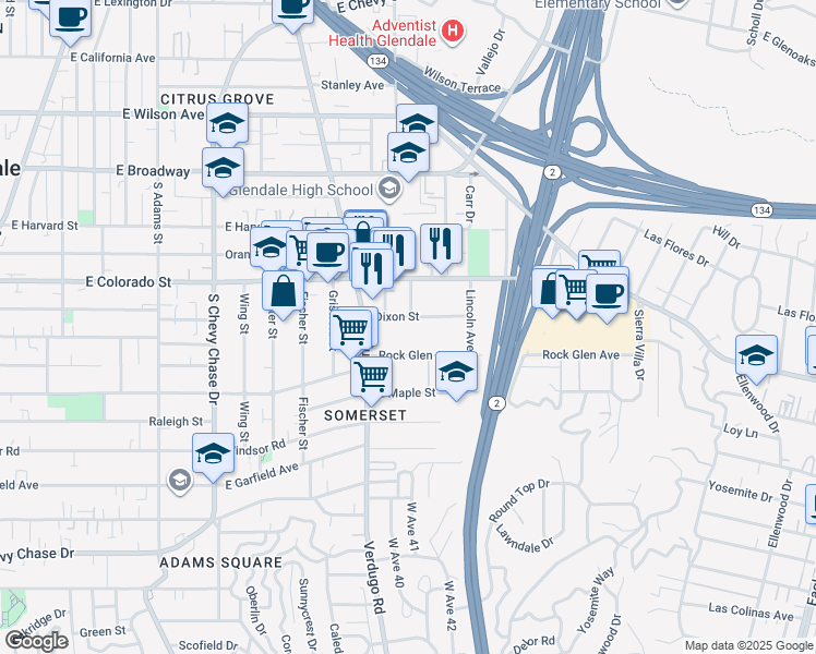 map of restaurants, bars, coffee shops, grocery stores, and more near 1502 Dixon Street in Glendale