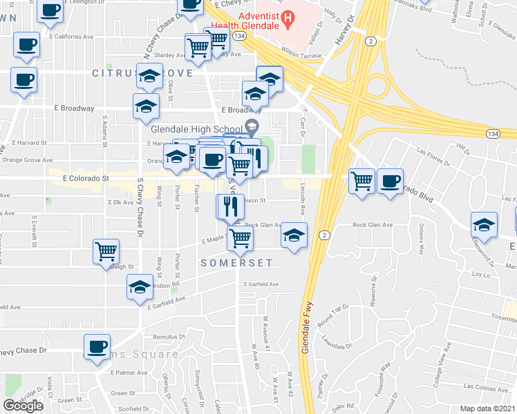 map of restaurants, bars, coffee shops, grocery stores, and more near 410 Dixon Street in Glendale