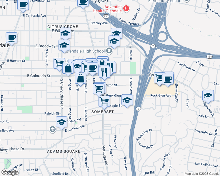 map of restaurants, bars, coffee shops, grocery stores, and more near 410 Dixon Street in Glendale