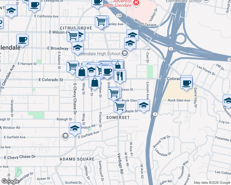 map of restaurants, bars, coffee shops, grocery stores, and more near 406 Griswold Street in Glendale