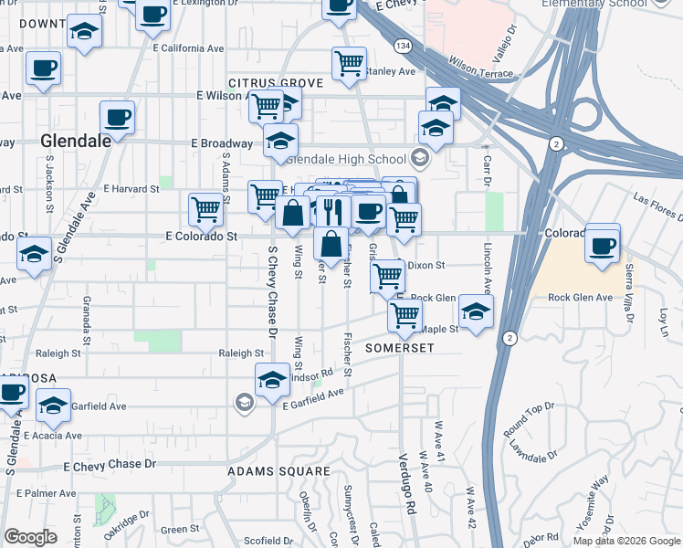map of restaurants, bars, coffee shops, grocery stores, and more near 400 Fischer Street in Glendale
