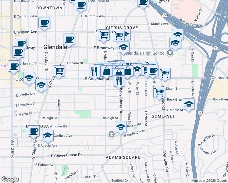 map of restaurants, bars, coffee shops, grocery stores, and more near 1131 East Elk Avenue in Glendale