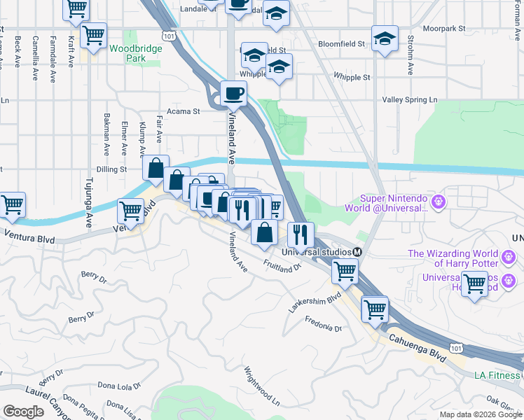 map of restaurants, bars, coffee shops, grocery stores, and more near 10925 Bluffside Drive in Los Angeles