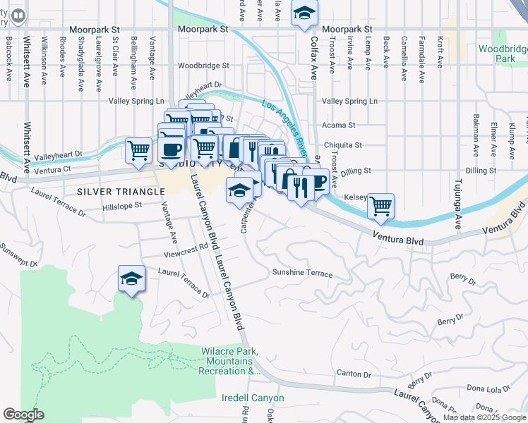 map of restaurants, bars, coffee shops, grocery stores, and more near 11847 Laurelwood Drive in Los Angeles