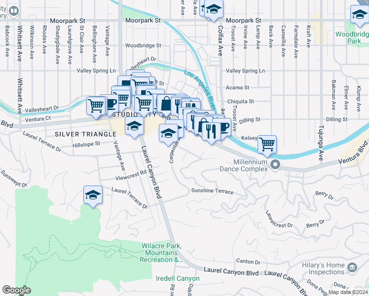 map of restaurants, bars, coffee shops, grocery stores, and more near 3925 Big Oak Drive in Los Angeles