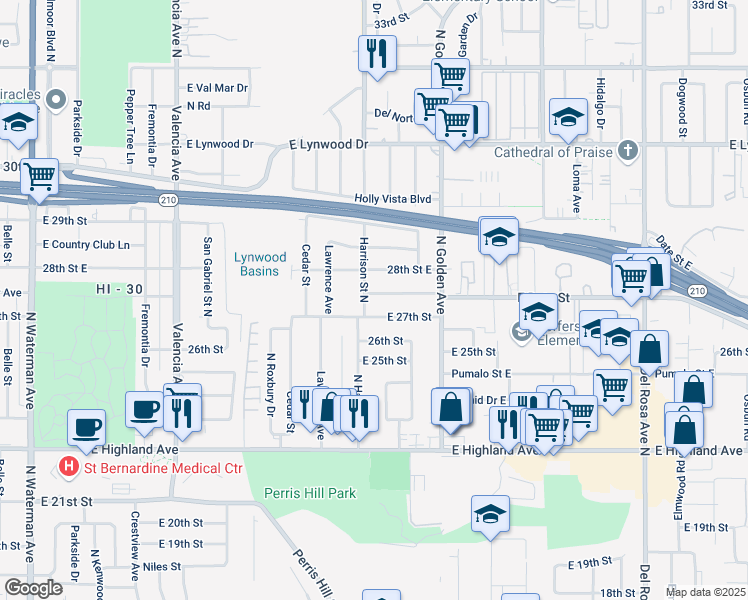 map of restaurants, bars, coffee shops, grocery stores, and more near 1111 East Alexander Avenue in San Bernardino