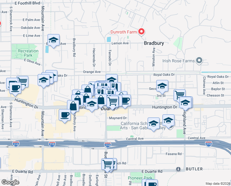 map of restaurants, bars, coffee shops, grocery stores, and more near 932 Buena Vista Street in Duarte