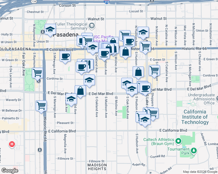 map of restaurants, bars, coffee shops, grocery stores, and more near 255 South Madison Avenue in Pasadena