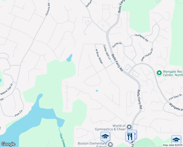 map of restaurants, bars, coffee shops, grocery stores, and more near 114 Black Oak Trail in Woodstock