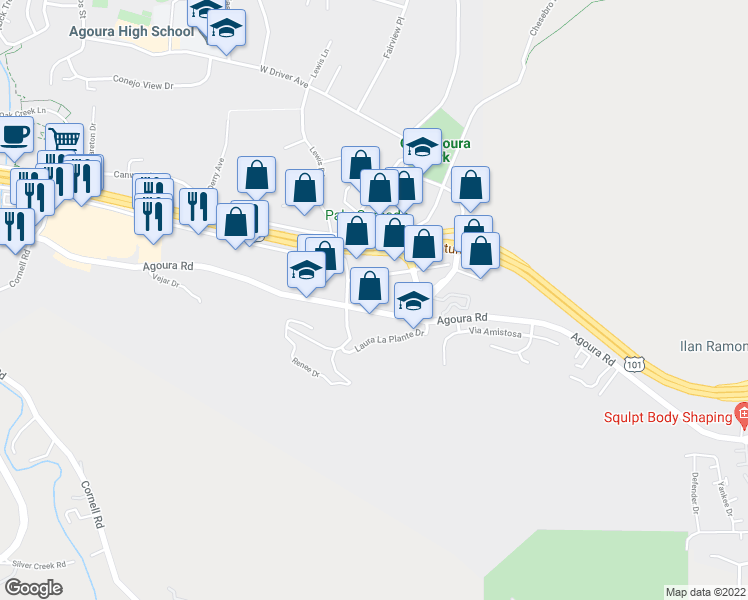 map of restaurants, bars, coffee shops, grocery stores, and more near 28219 Agoura Road in Agoura Hills