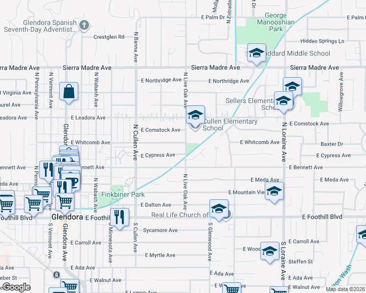 map of restaurants, bars, coffee shops, grocery stores, and more near 660 East Whitcomb Avenue in Glendora